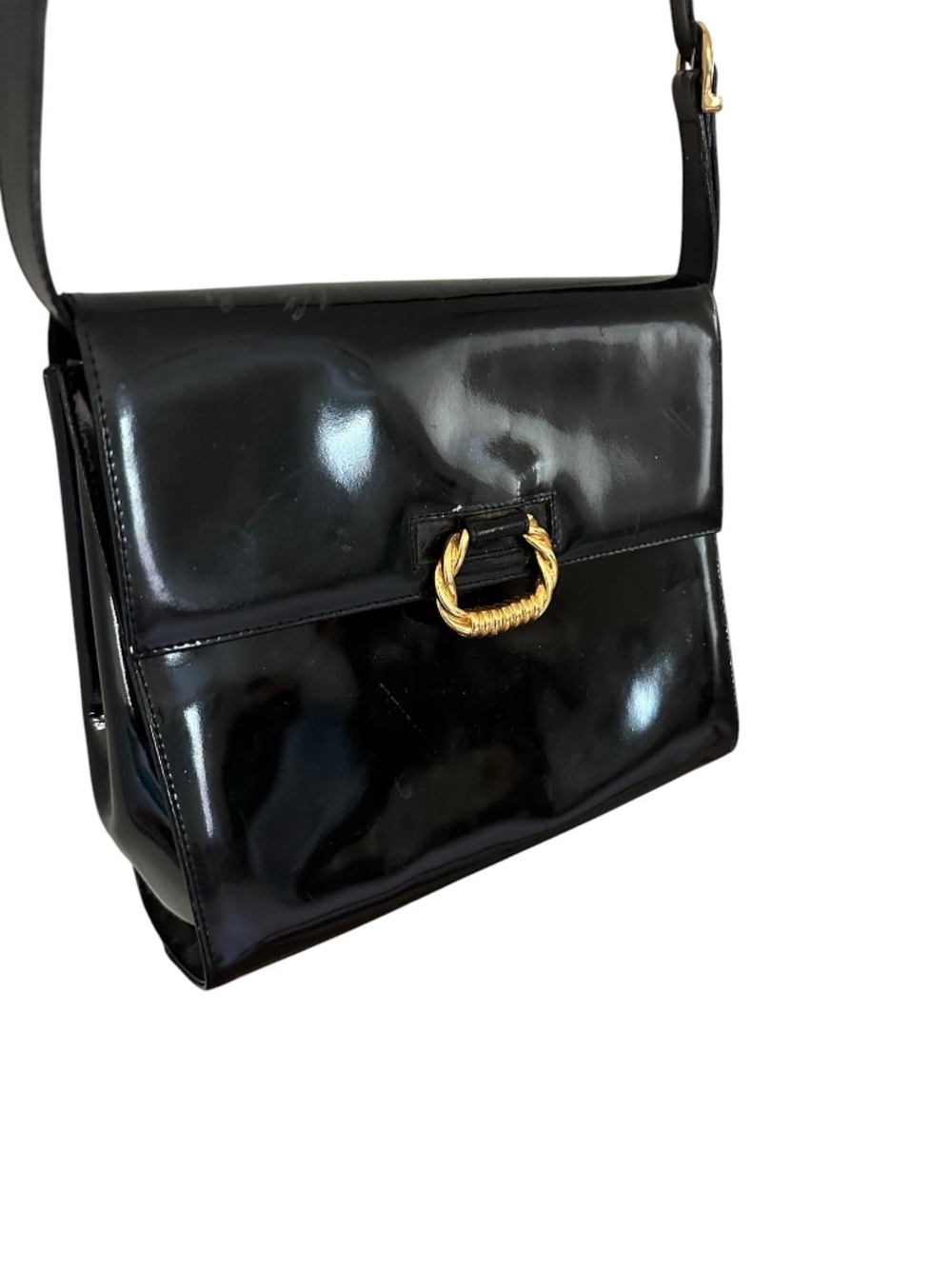 Vintage Salvatore Ferragamo Gancini Black Patent Leather Crossbody Bag